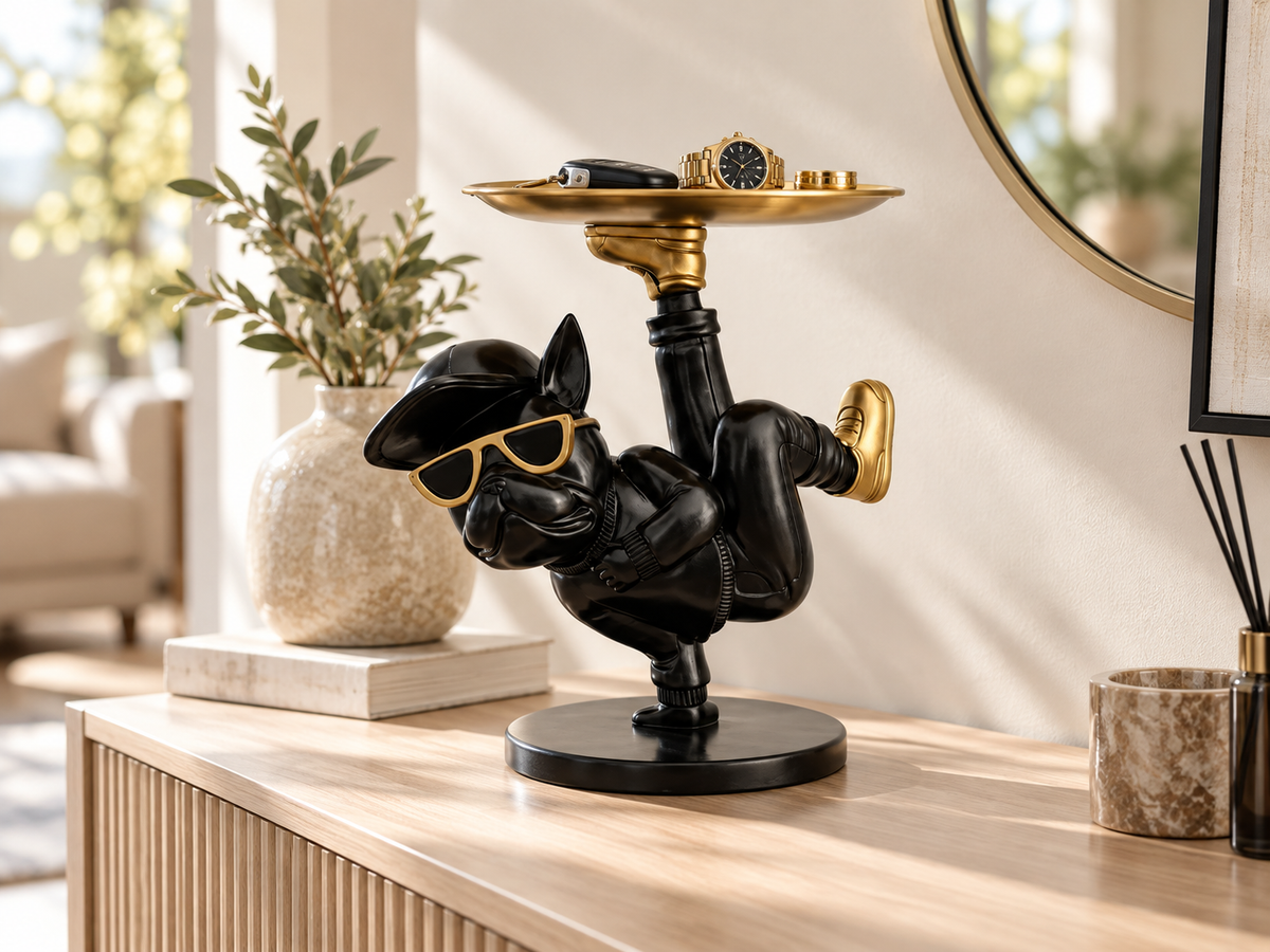 The Breakdance Bulldog met dienblad in modern interieur