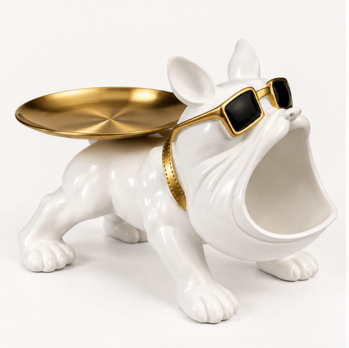 Frenchie Tray bulldog sleutelhouder wit goud 30 cm
