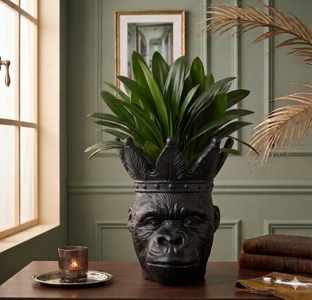 Koninklijke Gorilla Bloempot XL – Mat Zwart Design – 33 cm – Sculpturale Plantenhouder