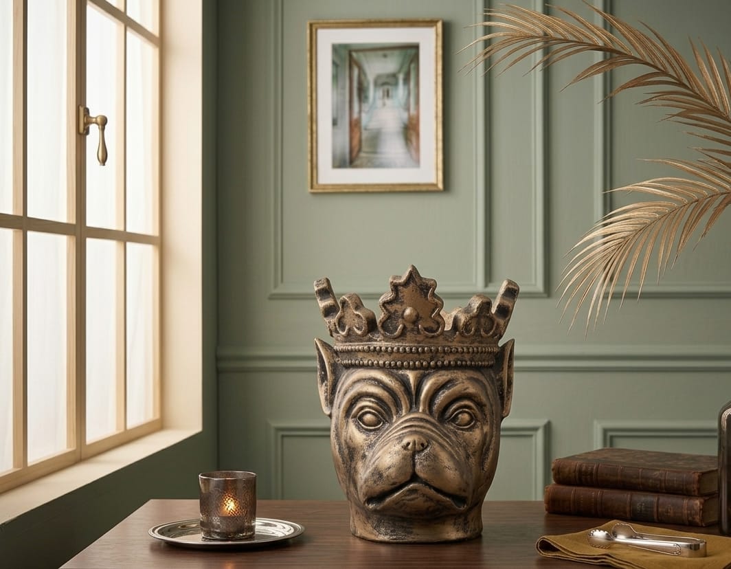 Luxe XL Franse Bulldog Bloempot met Kroon – Goudkleurig – 33 cm Hoog – Decoratief Standbeeld