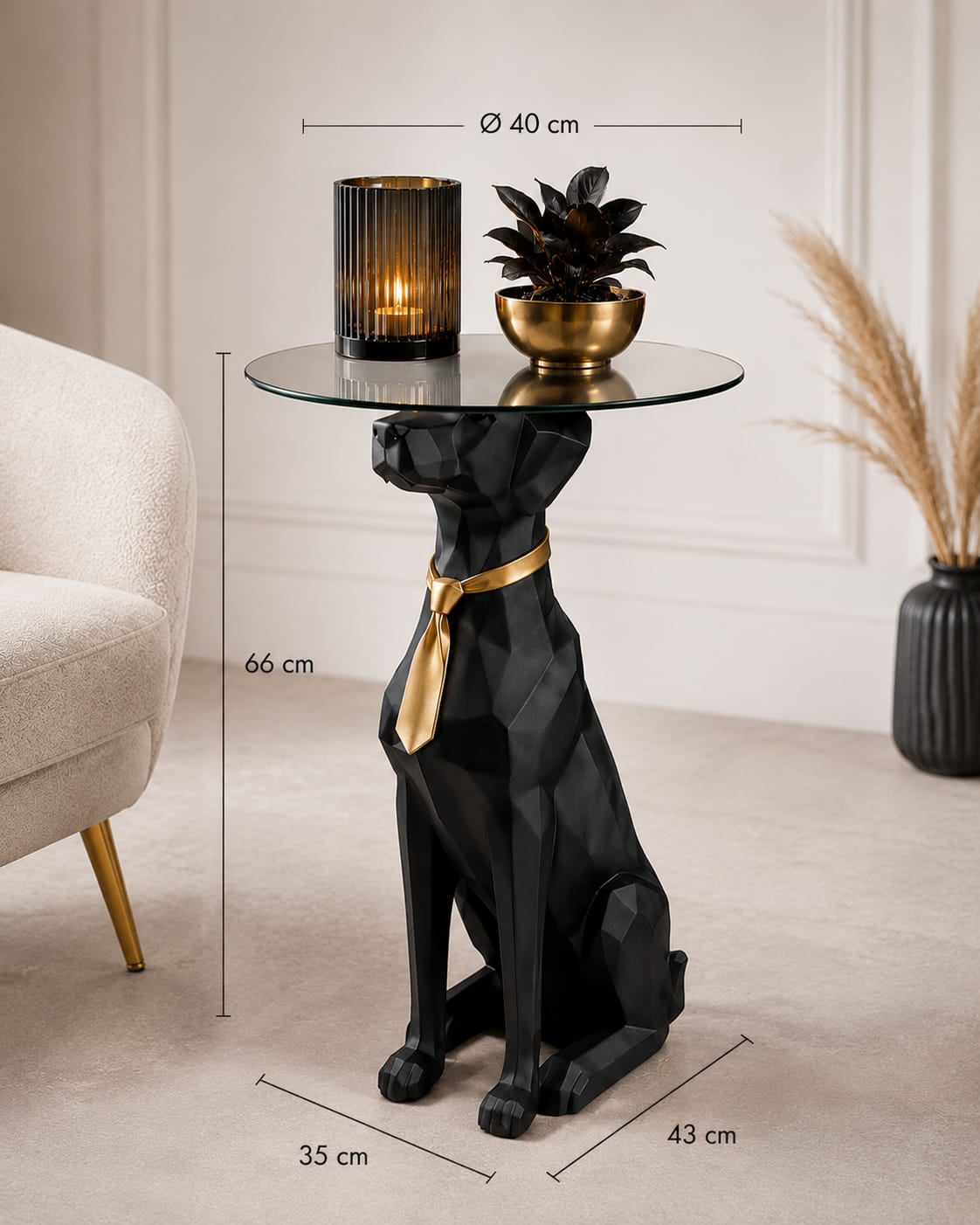 Zwarte Hond Bijzettafel met Glazen Blad – 66 cm Een meubel met karakter.