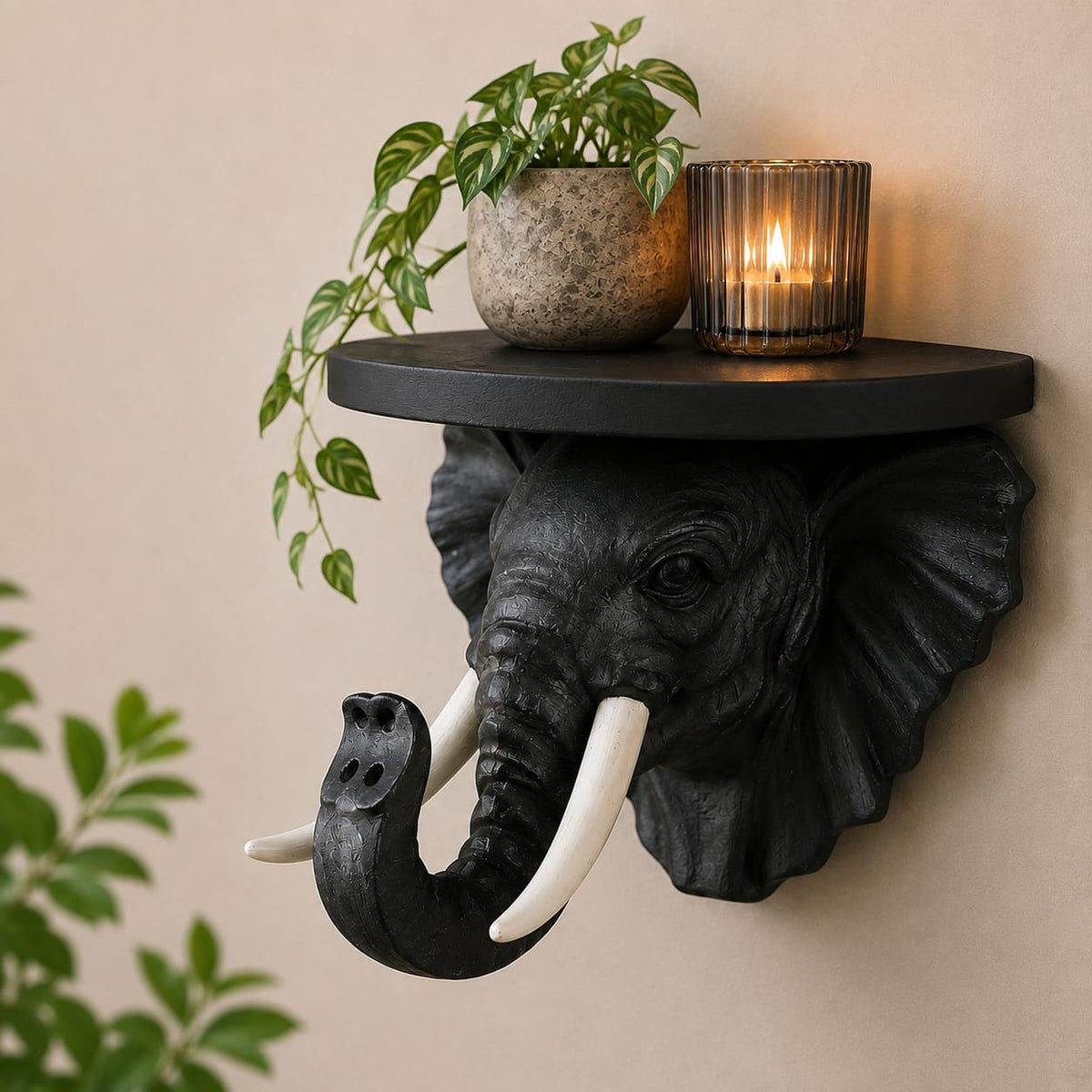 Zwarte olifant wandplank met witte slagtanden in interieur