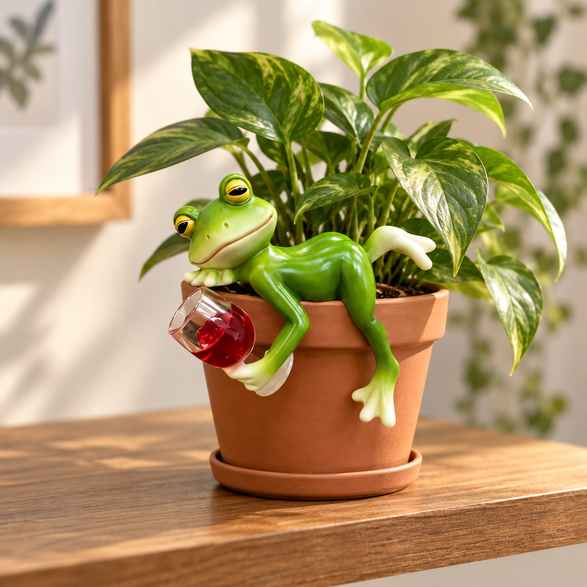 Wine Lover Frog kikker met wijnglas aan bloempot met groene plant